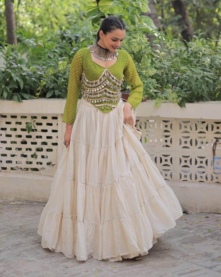 Parrot Green Color Laheriya Print Kurti With Kora Cotton Lehenga