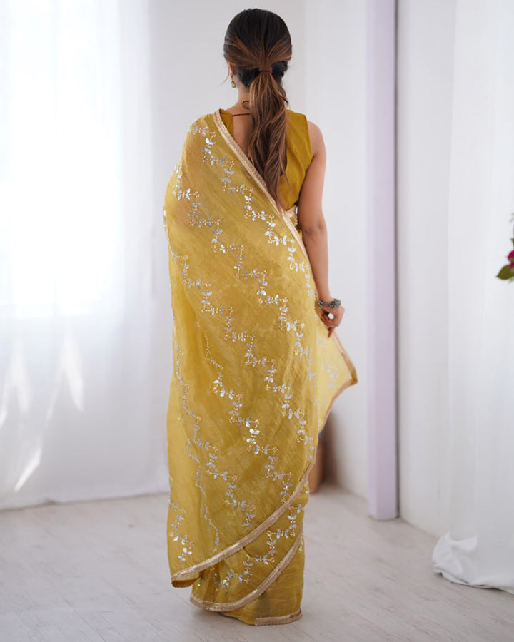 Golden Color Smooth Gold Crush Embroidered Saree
