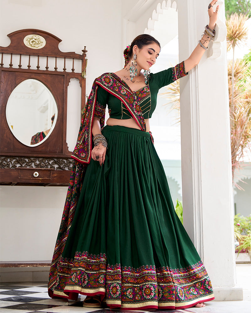 Green Color Tussar Silk Full Stitched Navratri Lehenga Choli