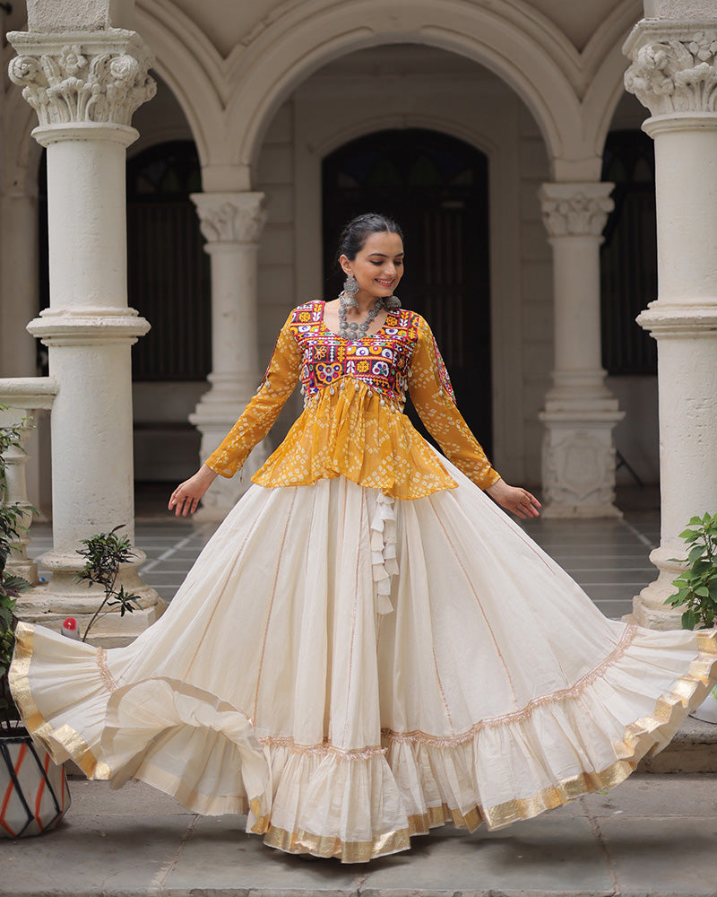 Vibrant Gamthi Work Yellow Kediya With Off-White Traditional Lehenga