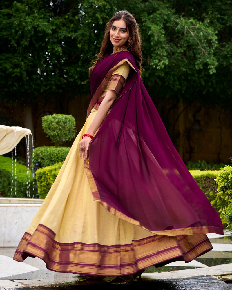 Traditional Wine Color Kanchipuram Zari Weaving Half Saree