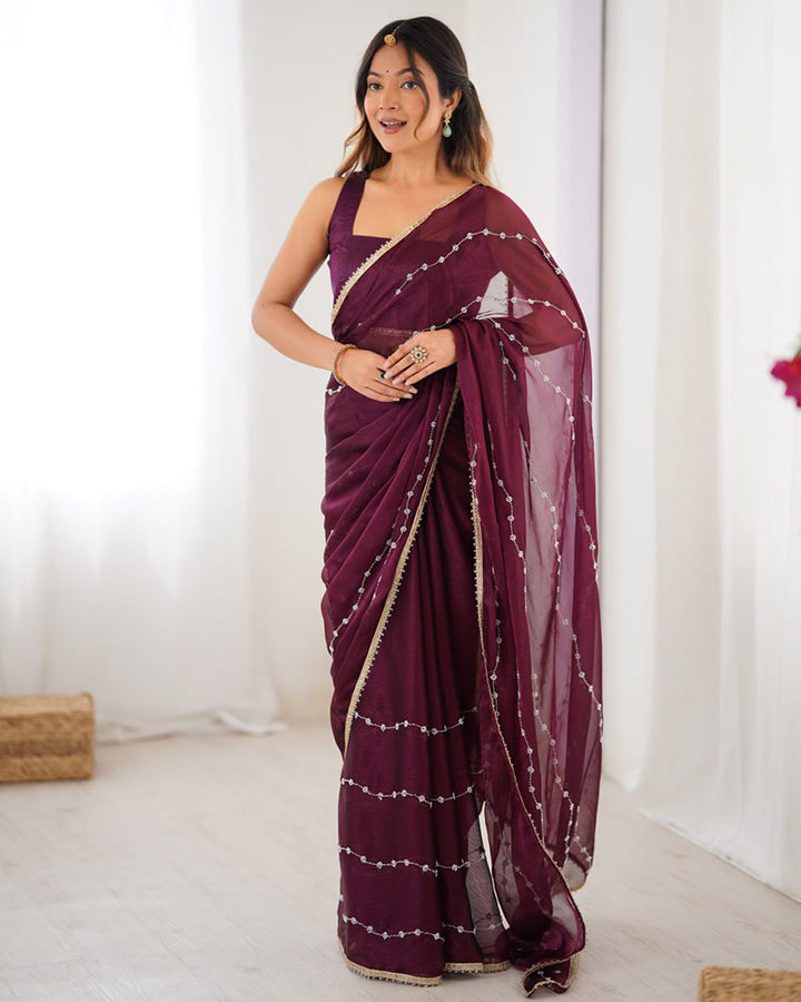 Wine Color Smooth Sitara Embroidered Saree