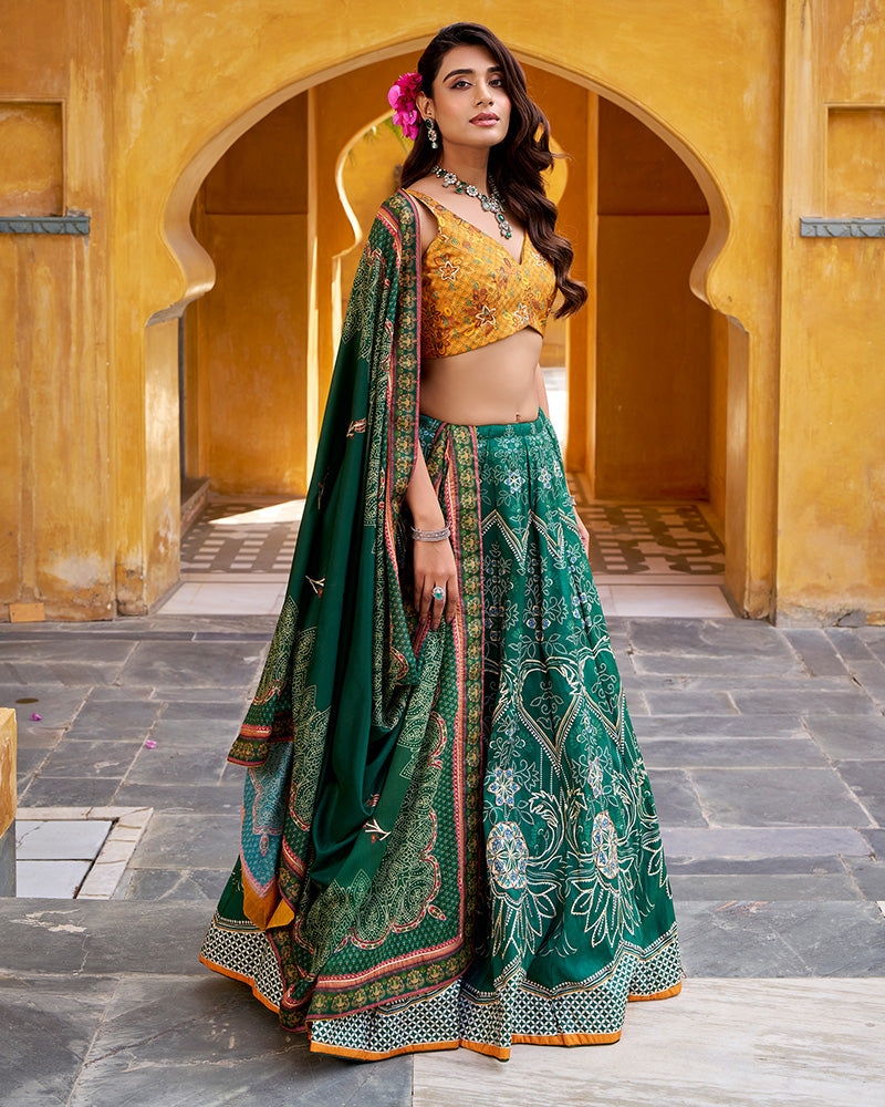 Bottle Green Color Vichitra Silk Printed And Embroidered Lehenga Choli