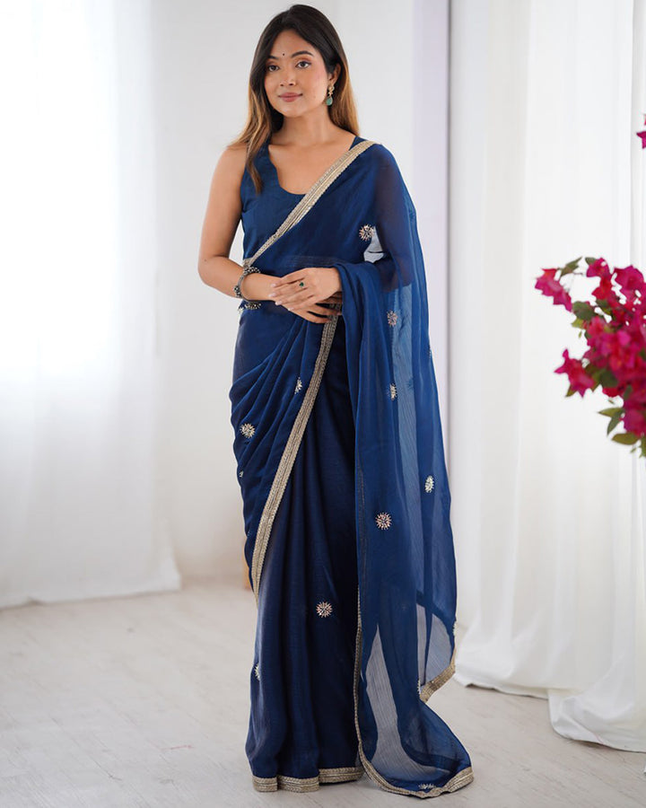 Navy Blue Color Smooth Fandy Embroidered Saree