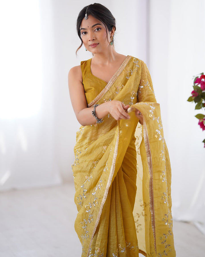 Golden Color Smooth Gold Crush Embroidered Saree