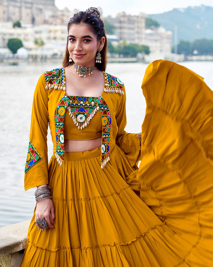 Elegant Mustard Color Pure Rayon Navratri Lehenga Choli
