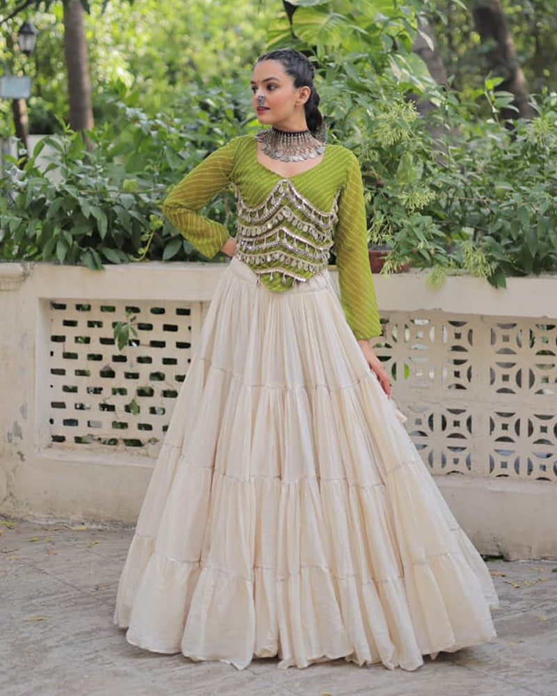 Parrot Green Color Laheriya Print Kurti With Kora Cotton Lehenga