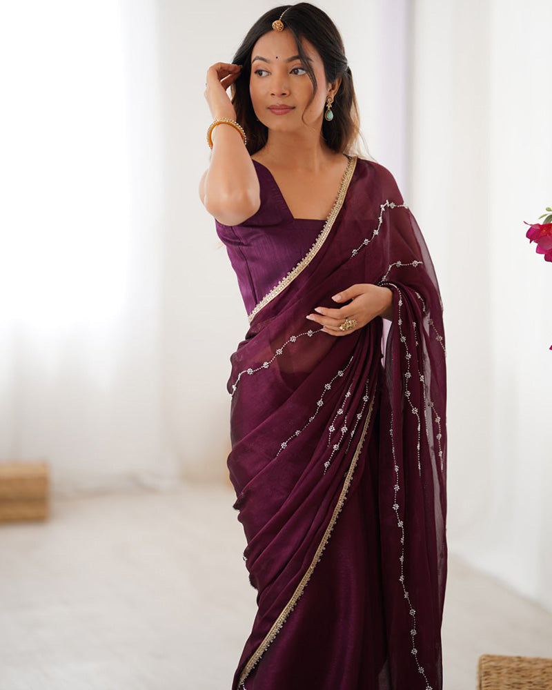 Wine Color Smooth Sitara Embroidered Saree