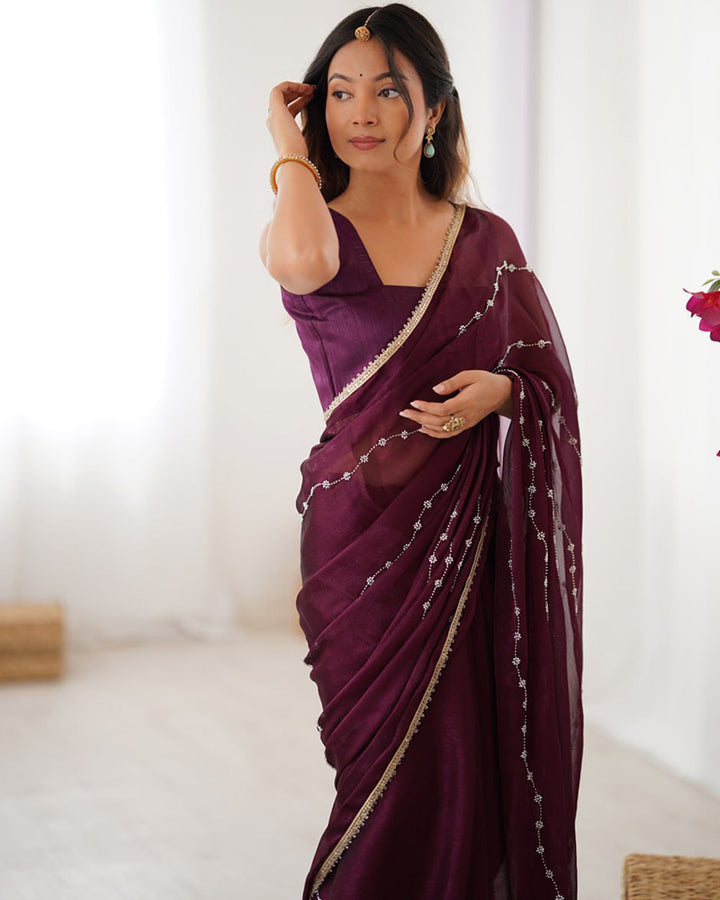 Wine Color Smooth Sitara Embroidered Saree