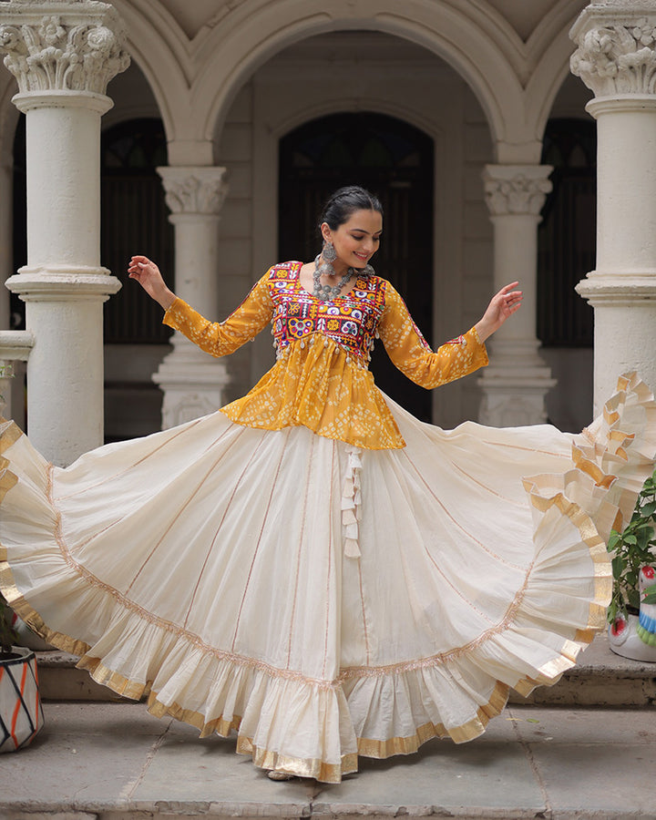 Vibrant Gamthi Work Yellow Kediya With Off-White Traditional Lehenga