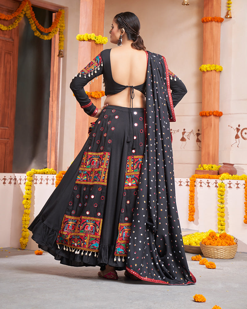 Black Color Viscose Rayon Thread And Mirror Work Fully Stitched Navratri Lehenga Choli