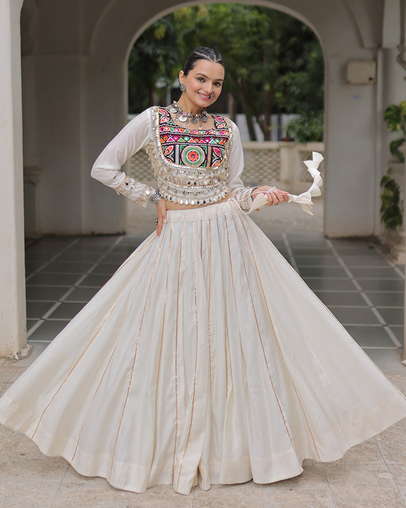 Off-White Color Roman Silk Navratri Lehenga Choli