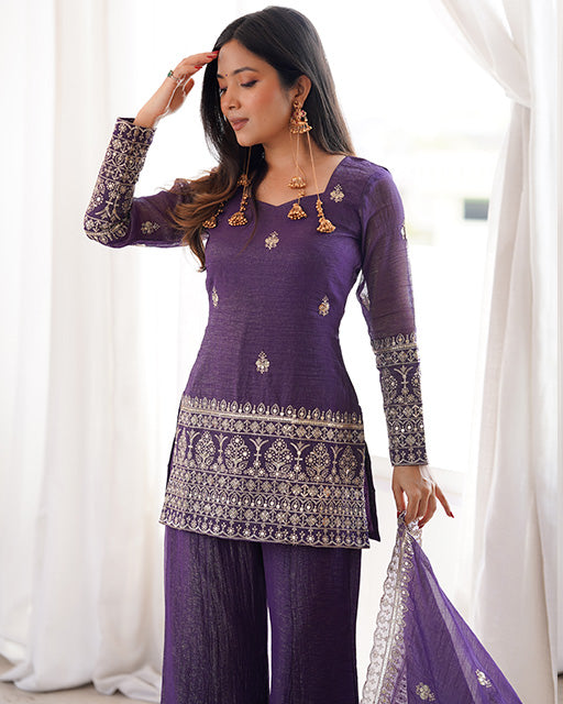 Purple Color Soft Crunchy Silk Sharara Suit