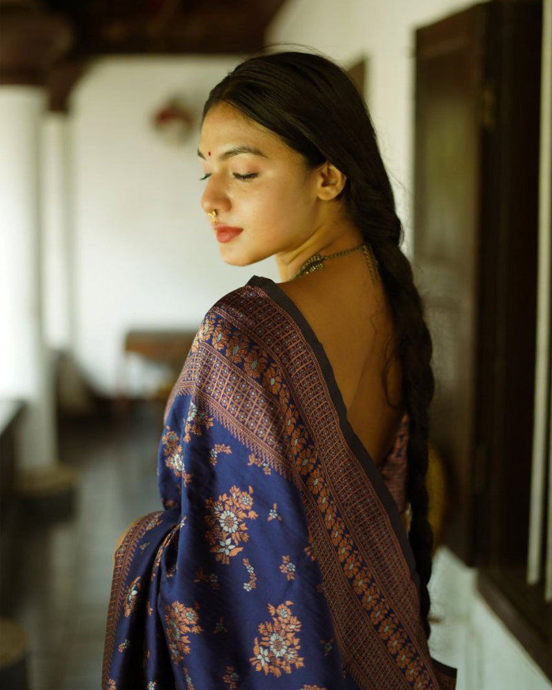 Blue Color Floral Soft Lichi Silk Saree