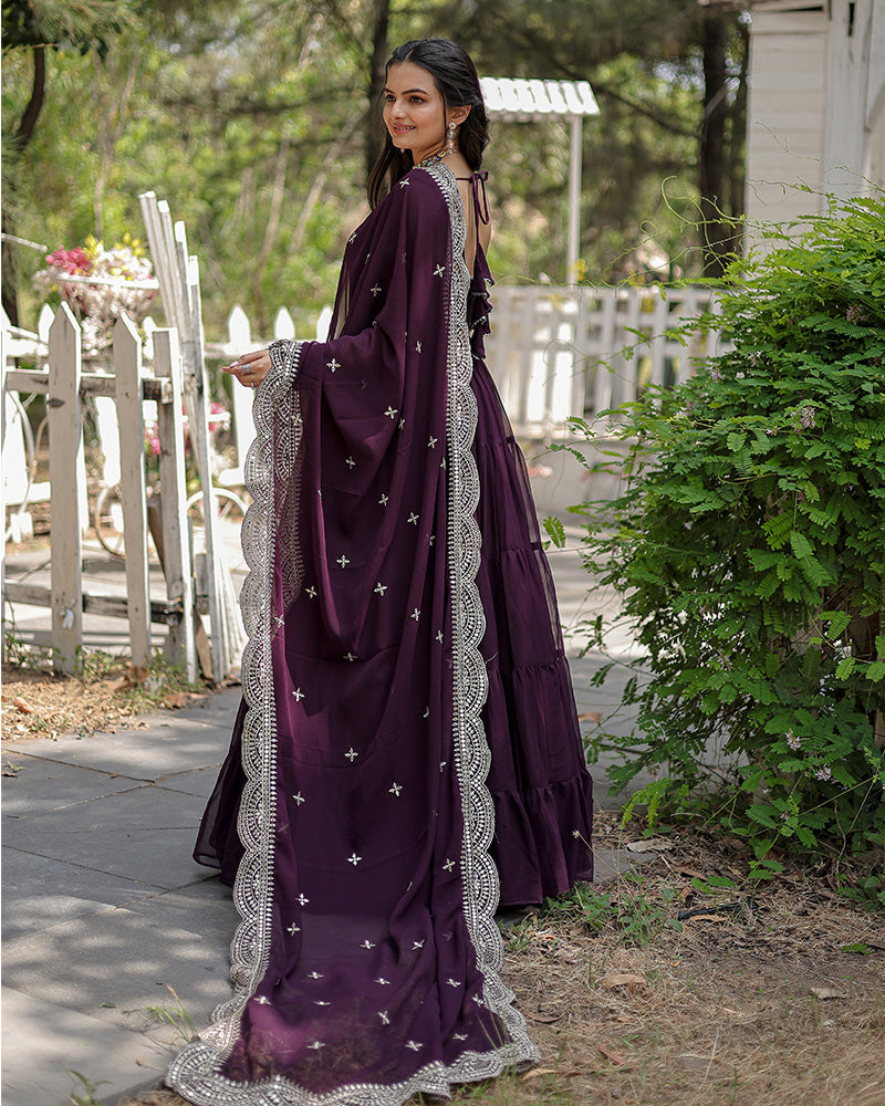 Wine Color Designer Embroidered Gown With Dupatta