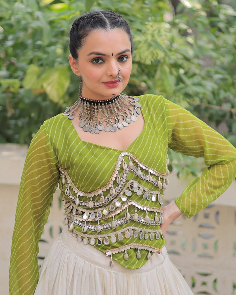 Parrot Green Color Laheriya Print Kurti With Kora Cotton Lehenga