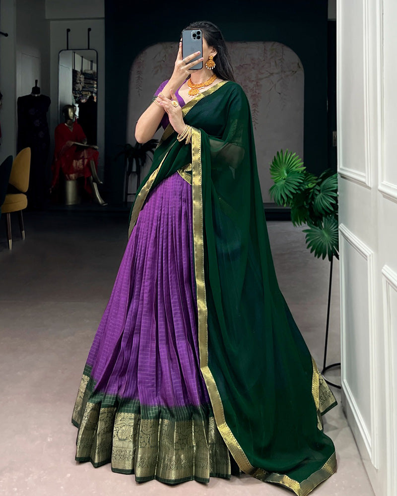 Purple Color Dola Chex Zari Weaving Half Saree