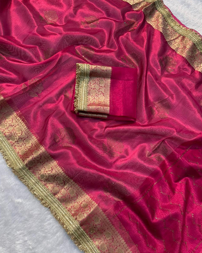 Premium Rani Pink Color Organza Tissue Silk Saree