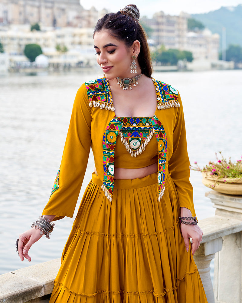 Elegant Mustard Color Pure Rayon Navratri Lehenga Choli