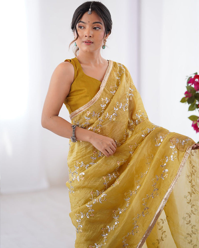 Golden Color Smooth Gold Crush Embroidered Saree