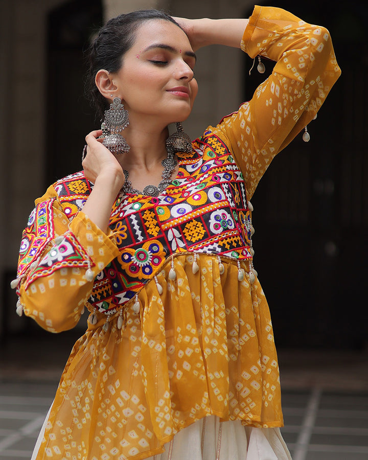 Vibrant Gamthi Work Yellow Kediya With Off-White Traditional Lehenga