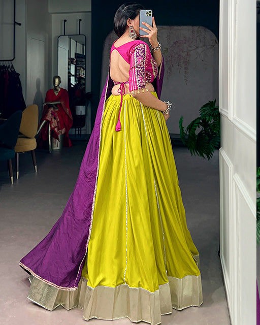 Neon Yellow Color Rayon Navratri Lehenga Choli