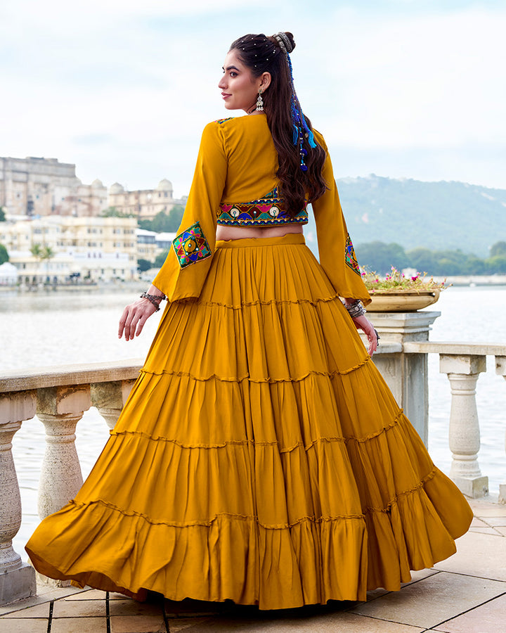 Elegant Mustard Color Pure Rayon Navratri Lehenga Choli