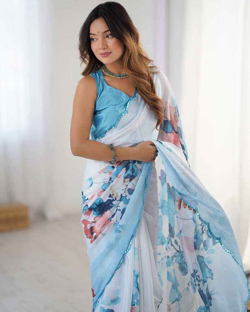 Ocean White Color Chinnon Silk Digital Printed Saree