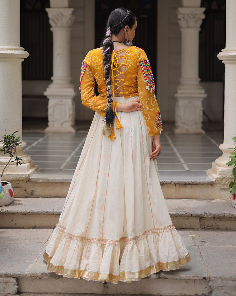 Vibrant Gamthi Work Yellow Kediya With Off-White Traditional Lehenga