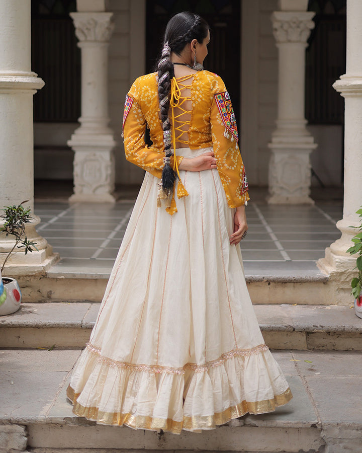Vibrant Gamthi Work Yellow Kediya With Off-White Traditional Lehenga