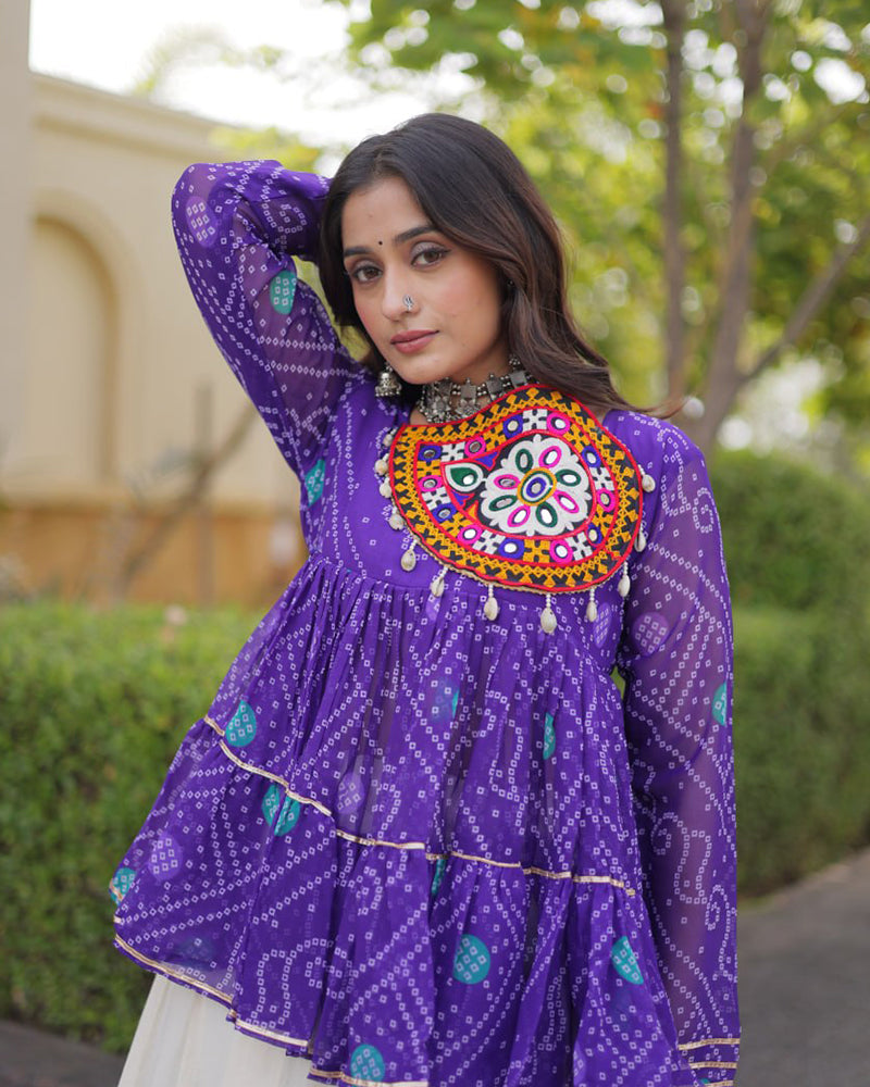 Purple Color Bandhani Printed With Kora Cotton Lehenga