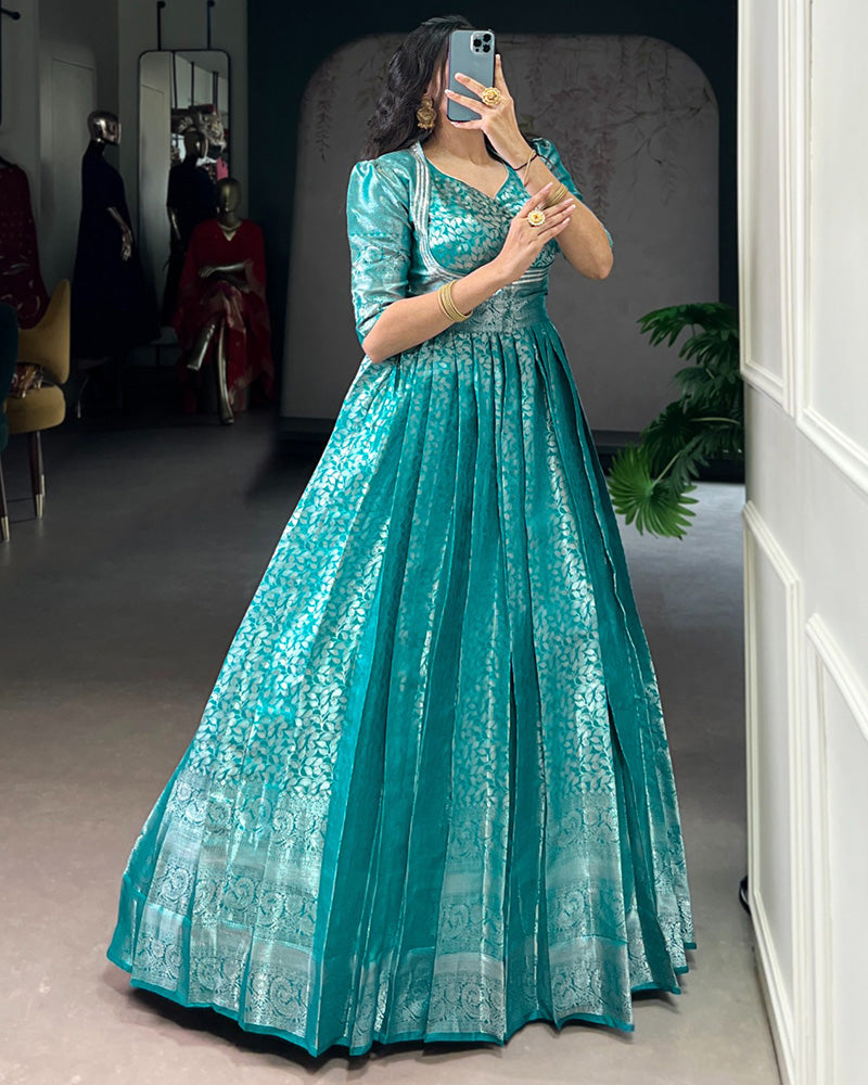 Firozi Color Kanjivaram Zari Weaving Gown