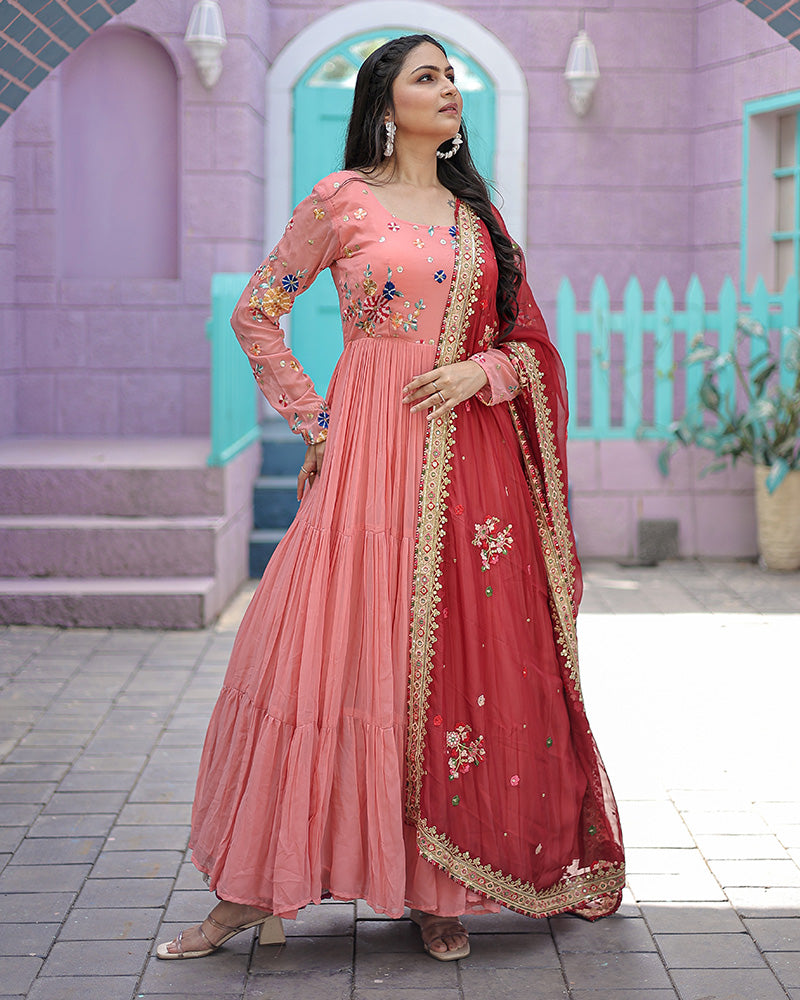 Peach Color Faux Georgette Designer Gown With Dupatta