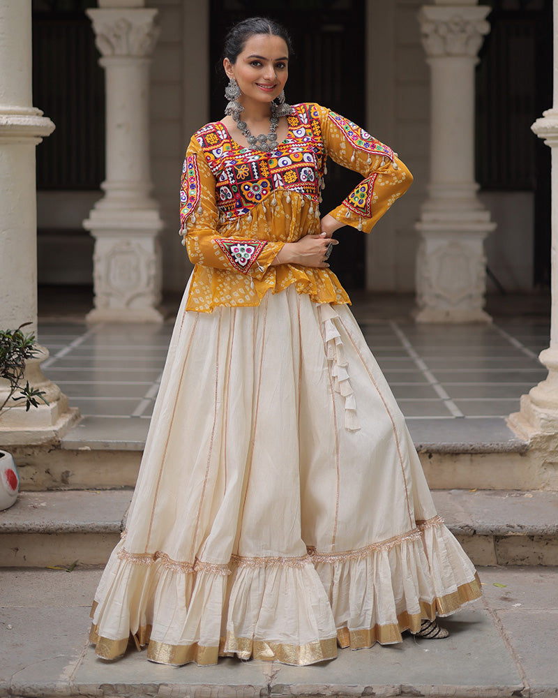 Vibrant Gamthi Work Yellow Kediya With Off-White Traditional Lehenga