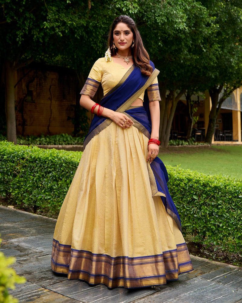 Traditional Navy Blue Color Kanchipuram Zari Weaving Half Saree