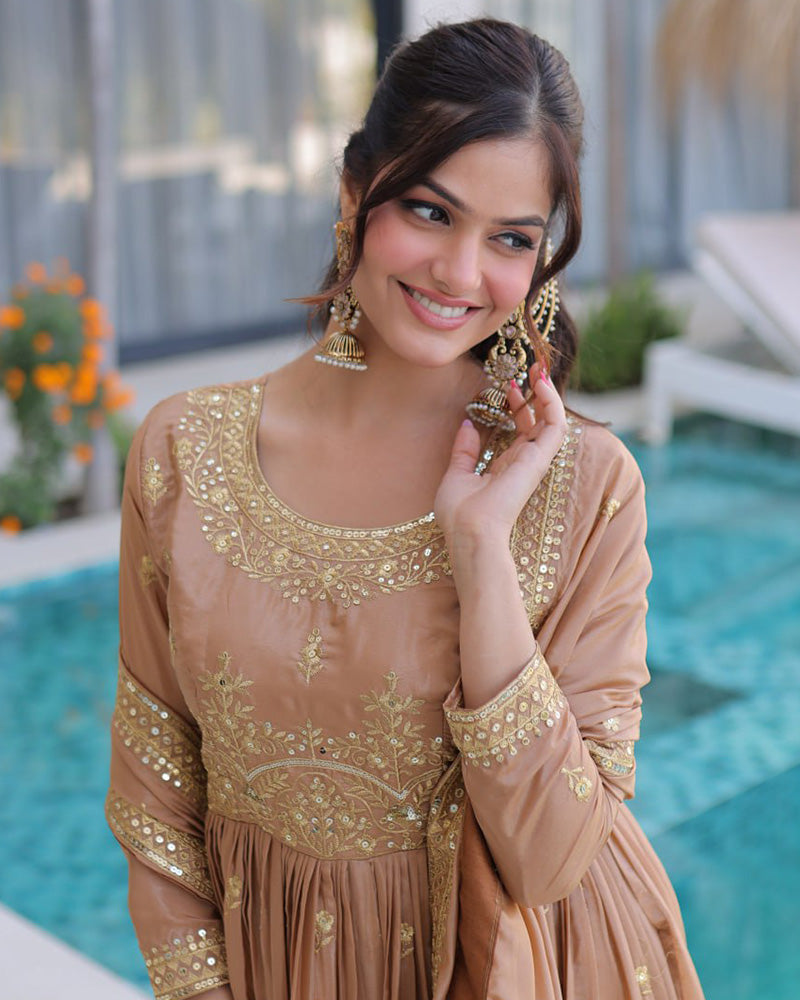 Chikoo Color Super Silk Embroidered Sharara Suit