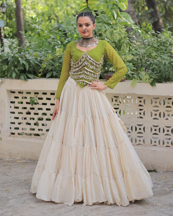 Parrot Green Color Laheriya Print Kurti With Kora Cotton Lehenga