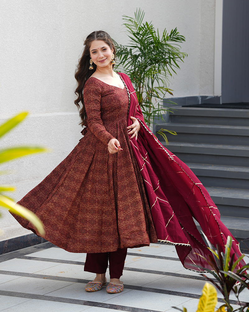 Flared Anarkali Anarkali Dress Models Photos Maroon Color Pure Cotton  Ajrakh Print Anarkali Suit  TANHAI