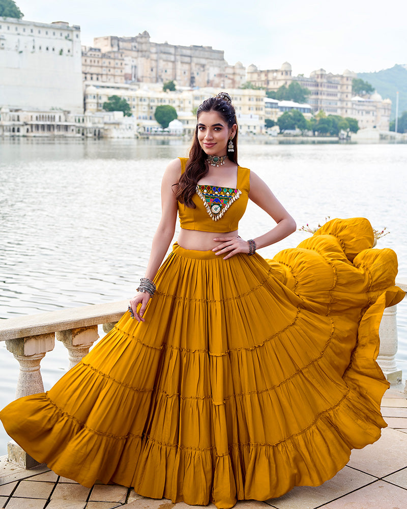 Elegant Mustard Color Pure Rayon Navratri Lehenga Choli