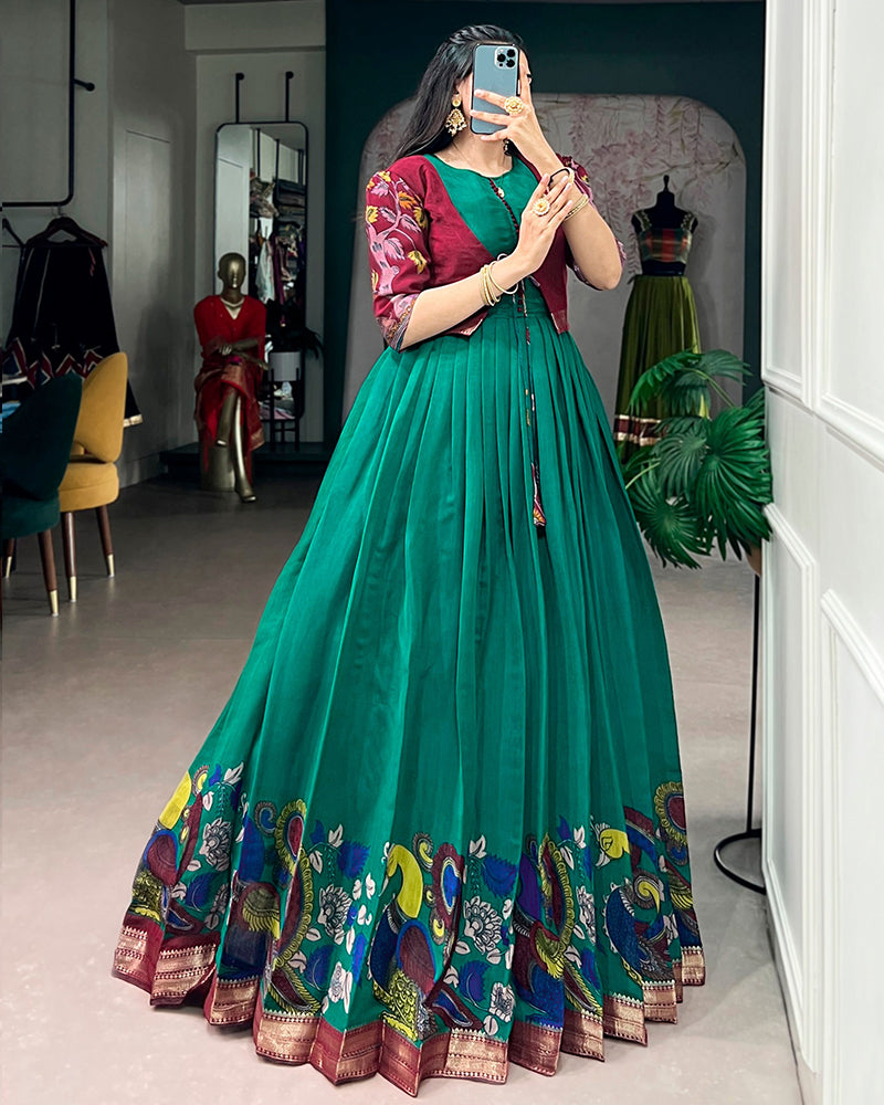 Teal Green Color Polyester Viscose Chanderi Gown