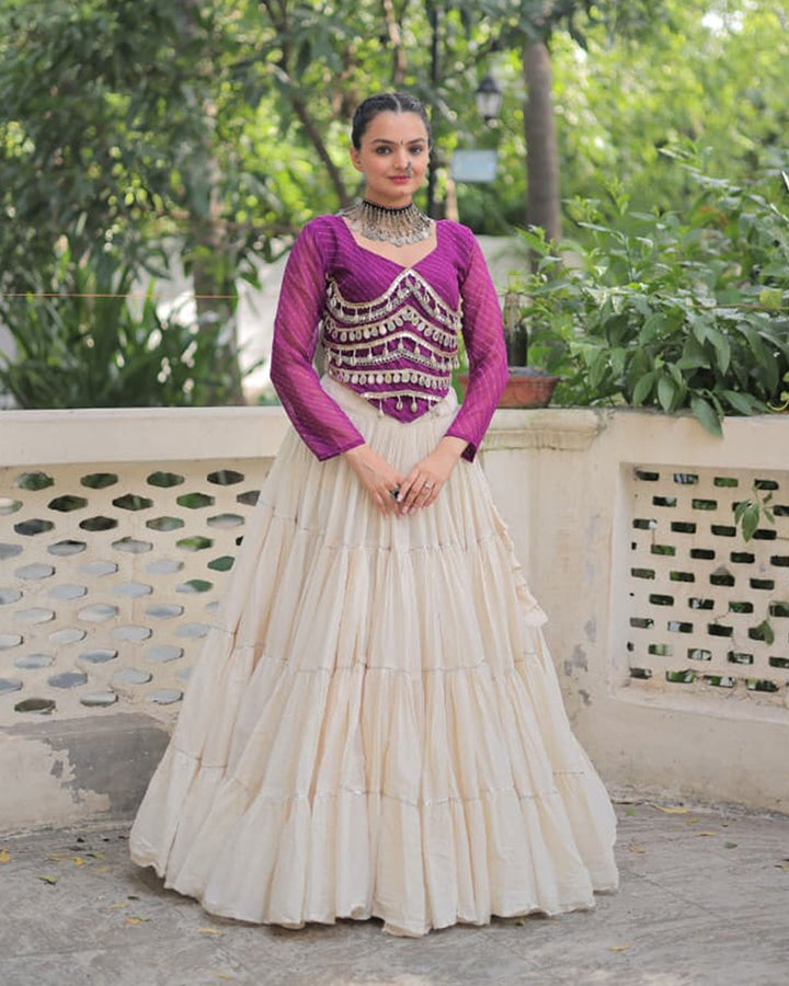 Purple Color Laheriya Print Kurti With Kora Cotton Lehenga