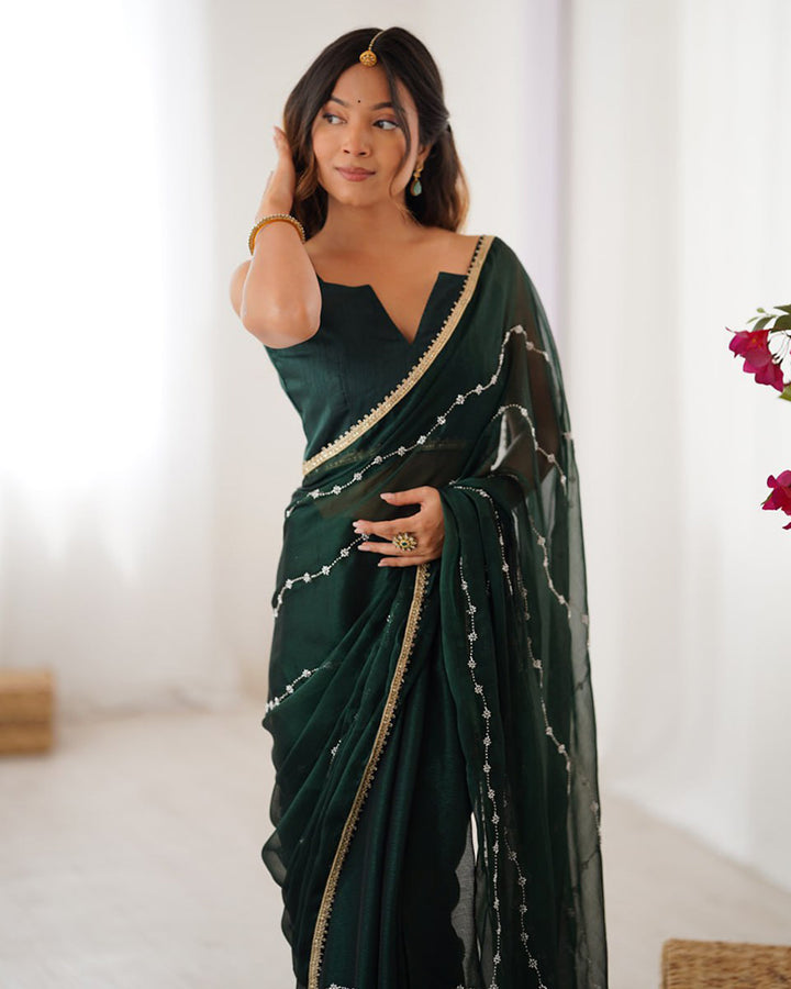 Mehndi Color Smooth Sitara Embroidered Saree