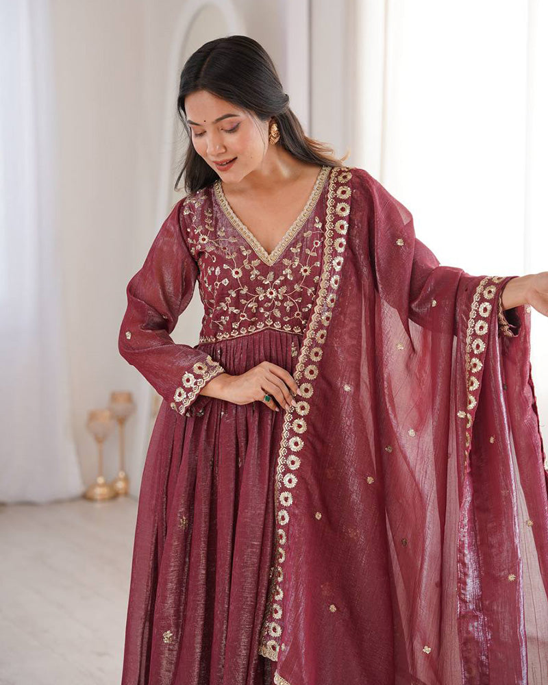 Dusty Maroon Color Crunchy SilkThree Piece Anarkali Suit