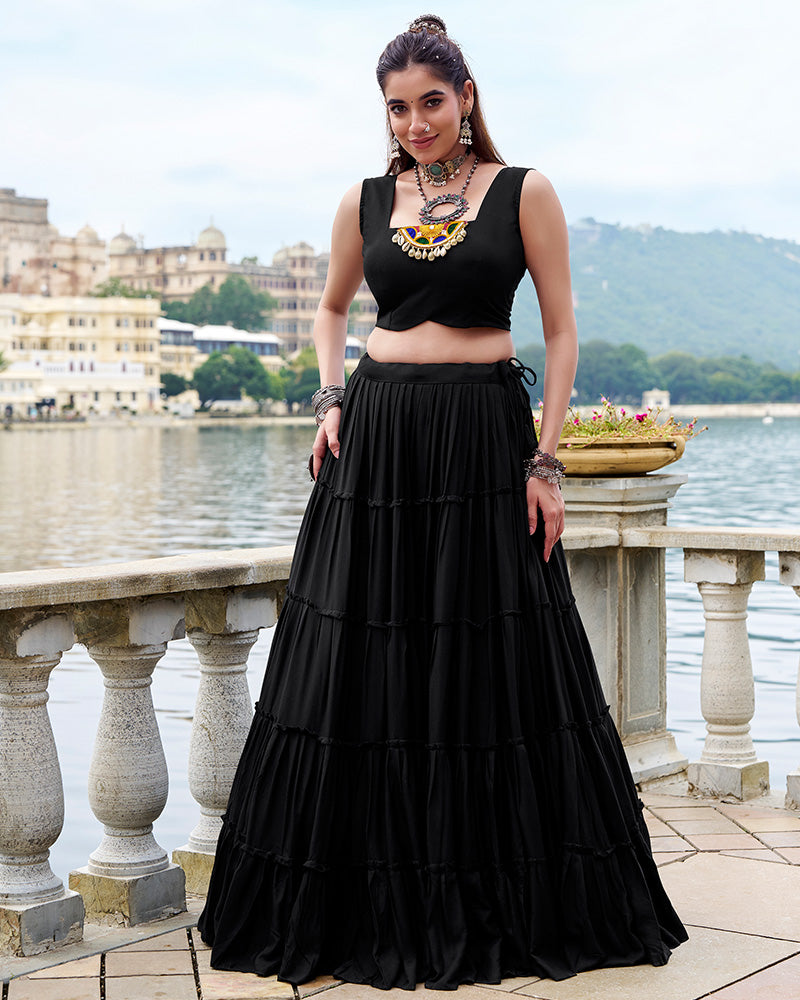 Elegant Black Color Pure Rayon Navratri Lehenga Choli