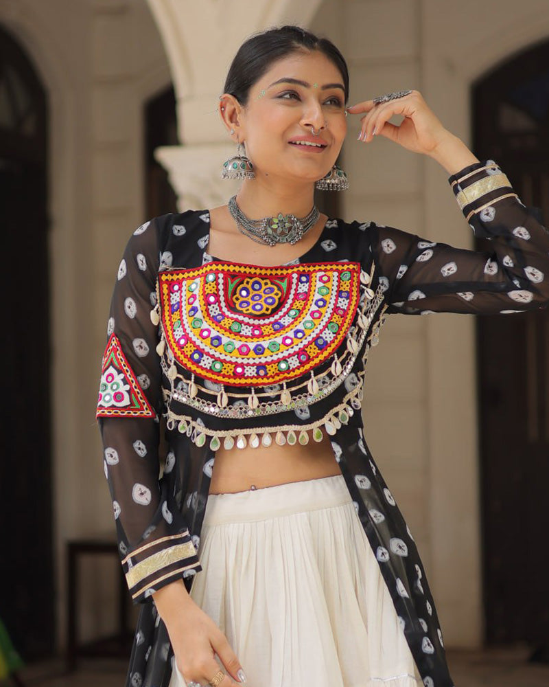 Black Color Bandhani Print Kurti With Kora Cotton Lehenga