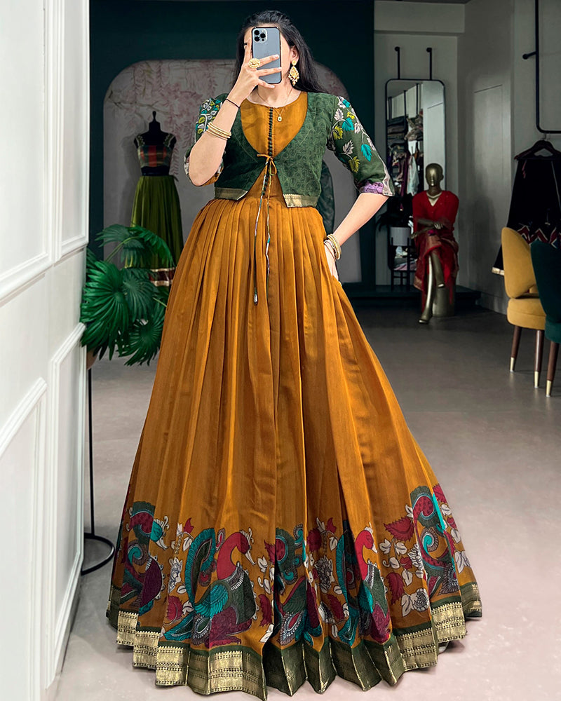 Mustard Color Polyester Viscose Chanderi Gown