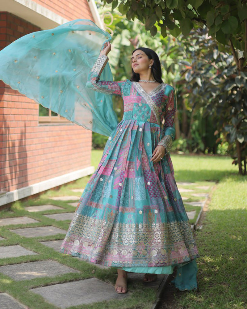 Wedding Wear Embroidery Sky Blue Color Gown With Dupatta