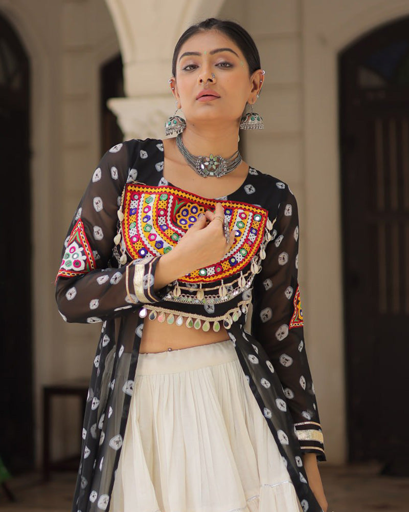 Black Color Bandhani Print Kurti With Kora Cotton Lehenga