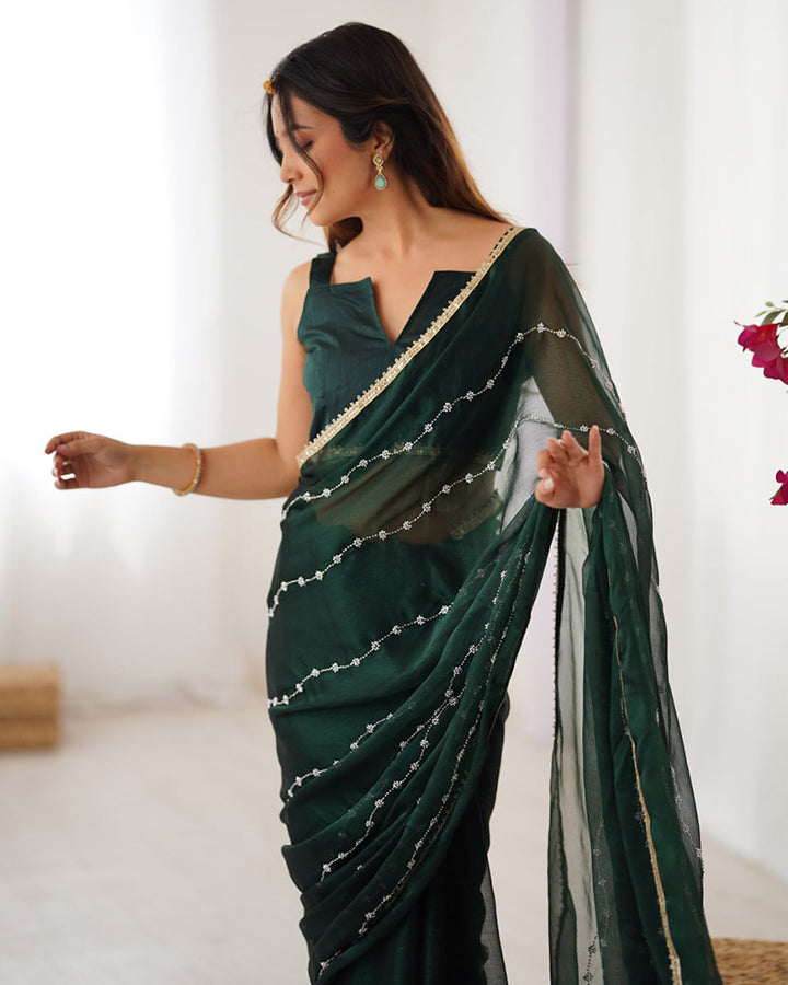 Mehndi Color Smooth Sitara Embroidered Saree