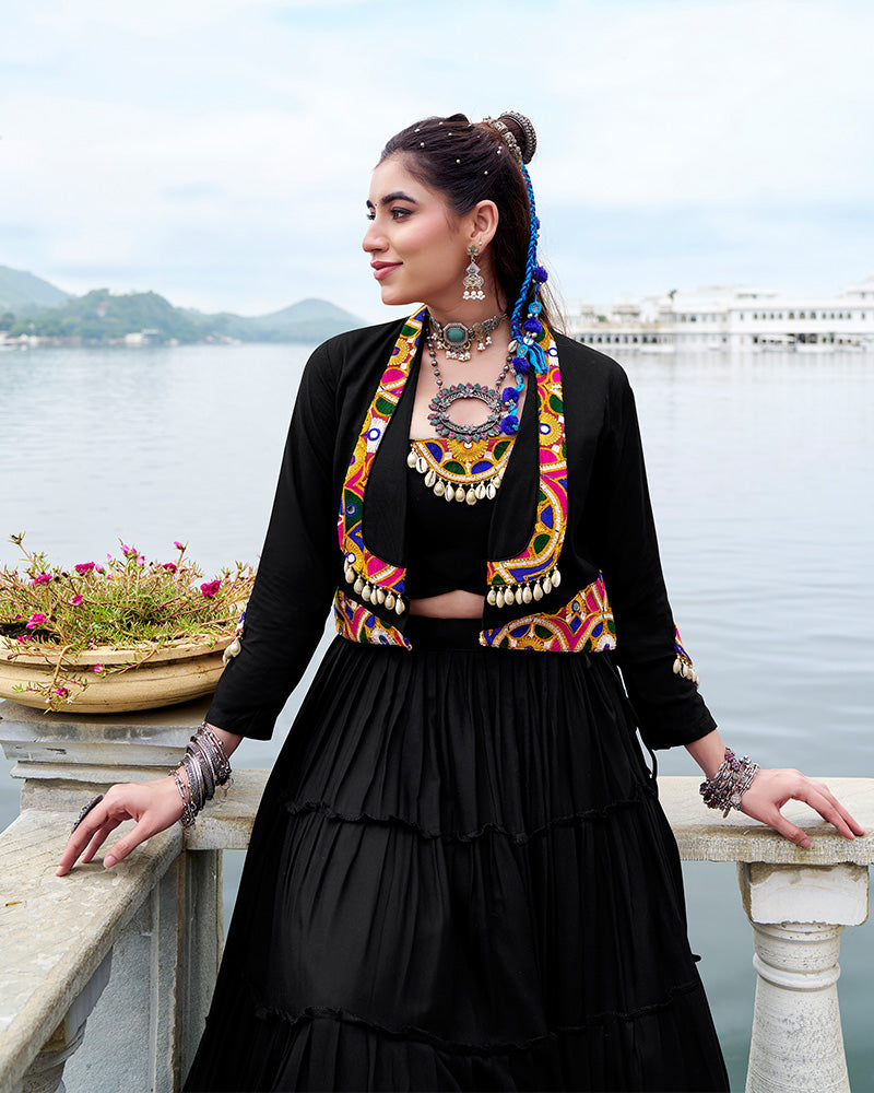 Elegant Black Color Pure Rayon Navratri Lehenga Choli